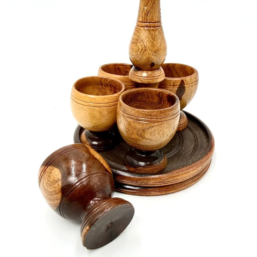Vintage Hand Turned Wood Shot Glass Set 6 Cups with Round Caddy Tray Brown MCM‎